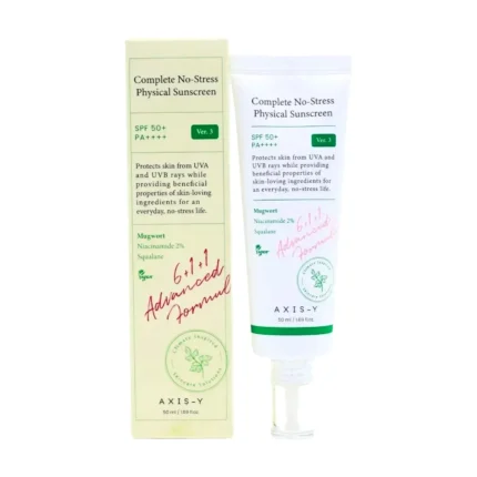 Crème solaire SPF 50 PA++++ AXIS-Y No-Stress physique végane, boîte et tube 50ml, protection UVA UVB