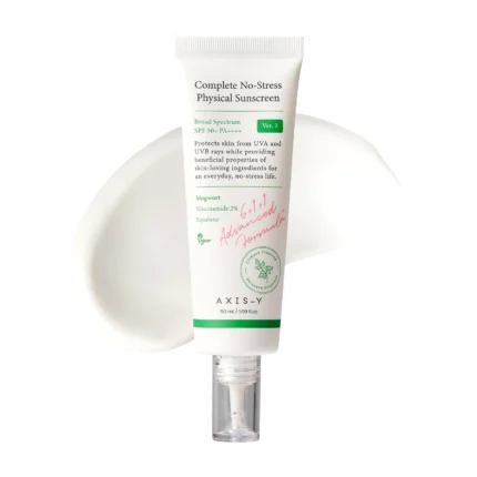 Texture et présentation du tube AXIS-Y No-Stress Physical Sunscreen SPF 50+ PA++++ – crème solaire physique légère végane